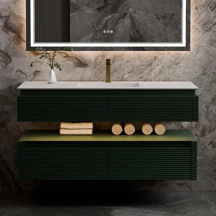 48 inch green floating bathroom vanity with marble top and lighting