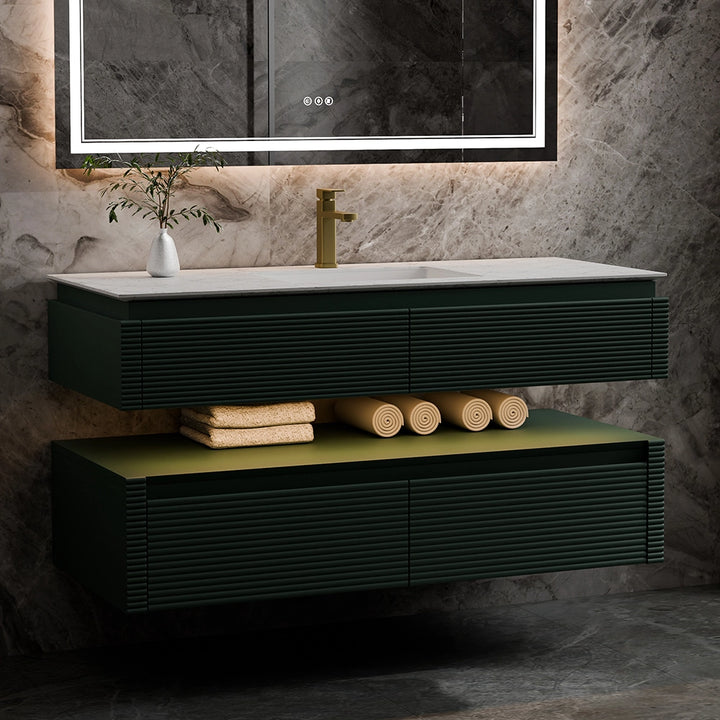 48 inch green wall hung bathroom vanity with marble countertop shelf
