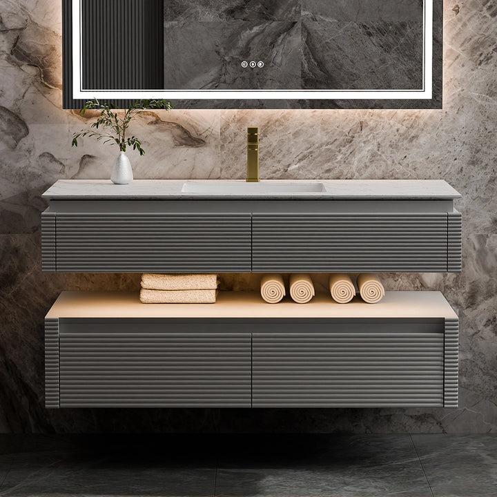 48 inch grey bathroom vanity with marble countertop and shelf
