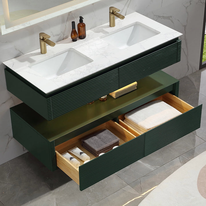 48 inch Gucci green bathroom vanity with open storage drawers