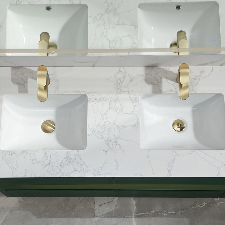 Top view of 48 inch Gucci green bathroom vanity double sinks
