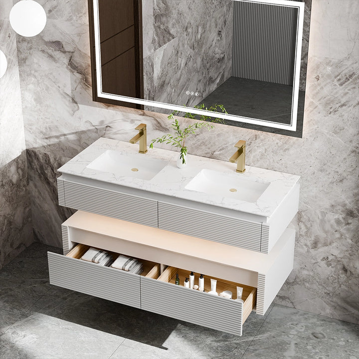 48 inch white double sink bathroom vanity with open storage drawers