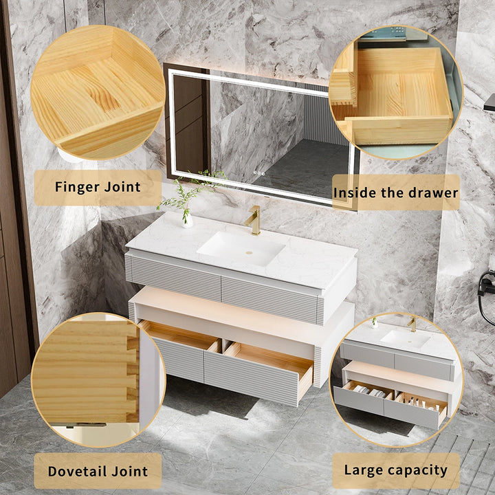 48 inch white bathroom vanity drawer detail with dovetail joints