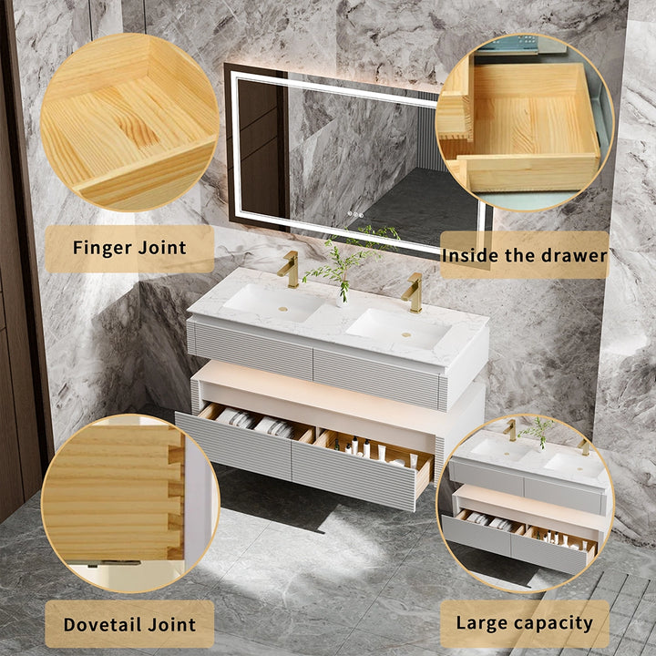 48 inch white bathroom vanity with finger joint and large drawer capacity
