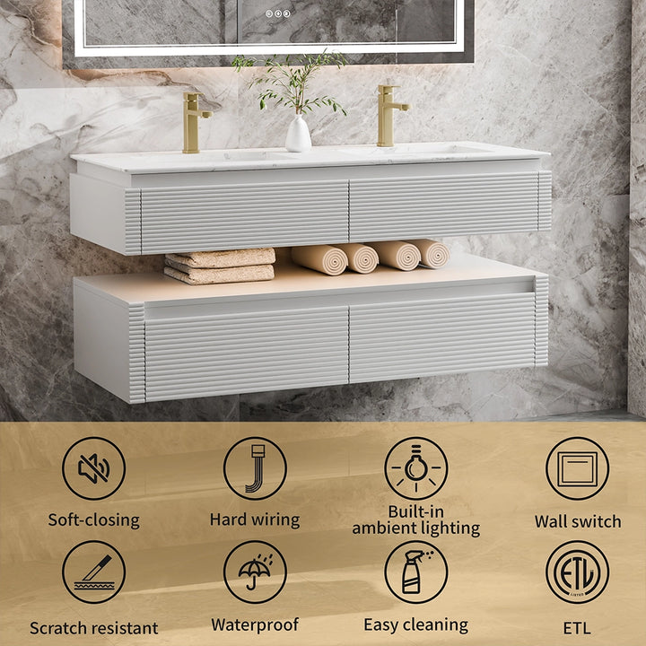 48 inch white bathroom vanity with soft closing and lighting features