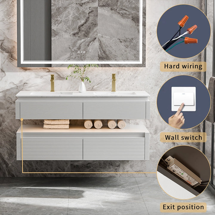 48 inch white bathroom vanity showing hard wiring and wall switch