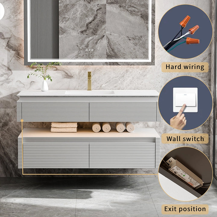 48 inch white bathroom vanity with hardwired wall switch setup