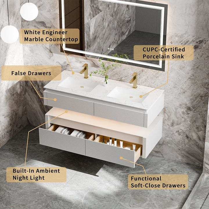 48 inch white bathroom vanity with marble top and soft close drawers