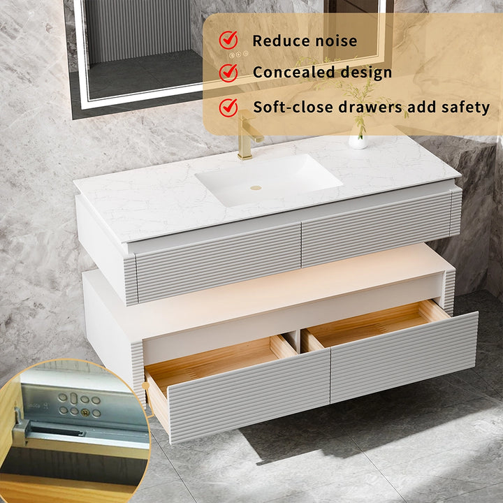 48 inch white bathroom vanity with concealed soft close drawers