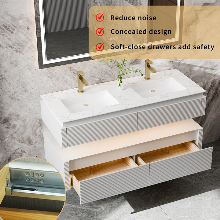 48 inch white bathroom vanity with soft close drawers and concealed design