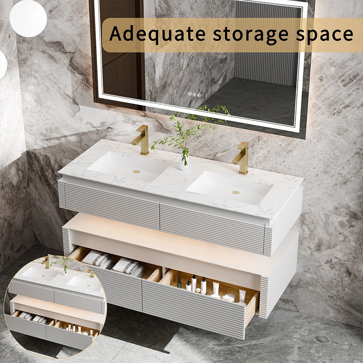 48 inch white bathroom vanity with large storage drawer space