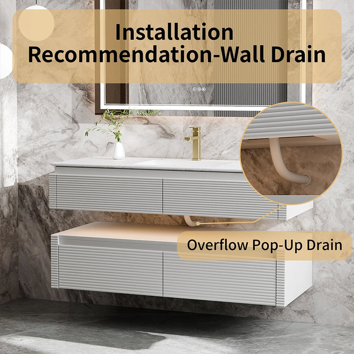 48 inch white bathroom vanity wall drain with overflow pop-up
