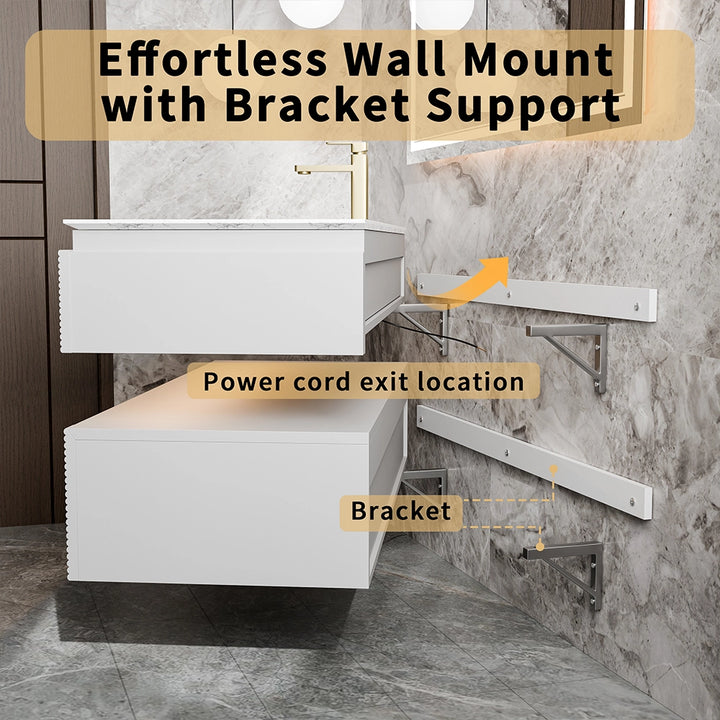 48 inch white wall mounted bathroom vanity with bracket support