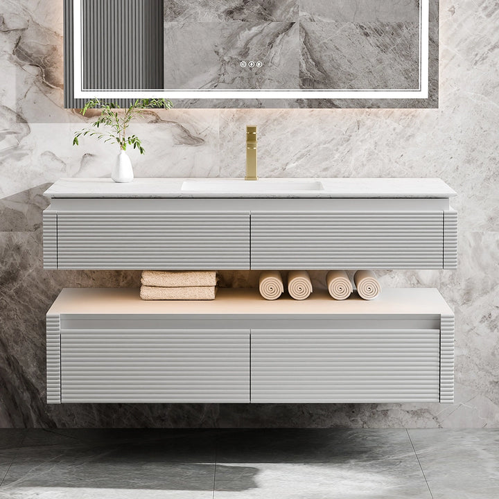 48 inch white bathroom vanity with marble countertop and shelf