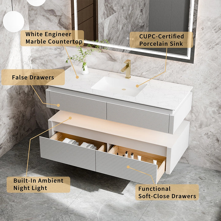 48 inch white bathroom vanity with marble top and night light