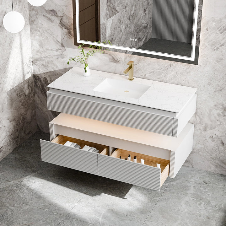 48 inch white bathroom vanity with drawers and marble top
