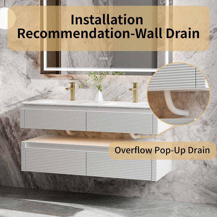 48 inch white bathroom vanity wall drain with overflow pop up drain