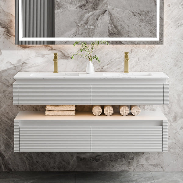 48 inch white double sink wall mounted modern bathroom vanity