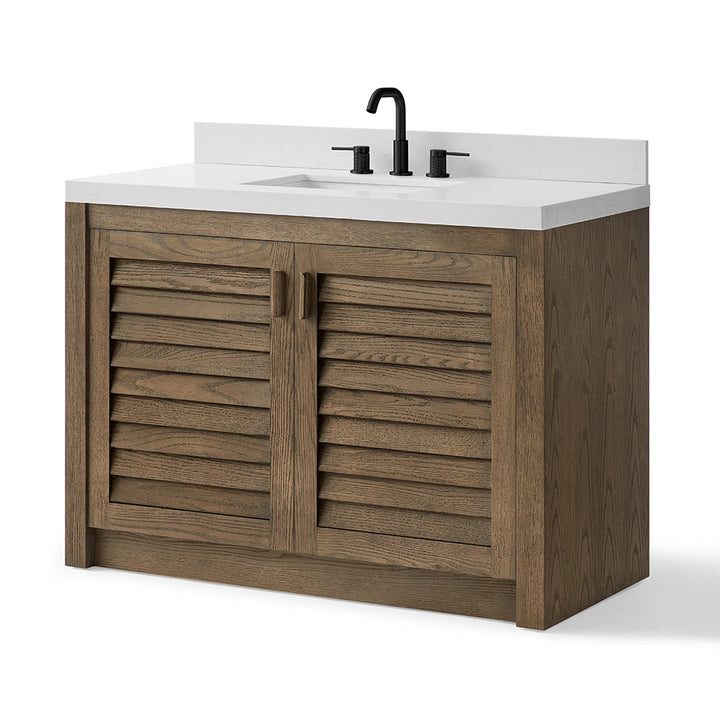 48 inch bathroom freestanding vanity angled view in dark wood finish