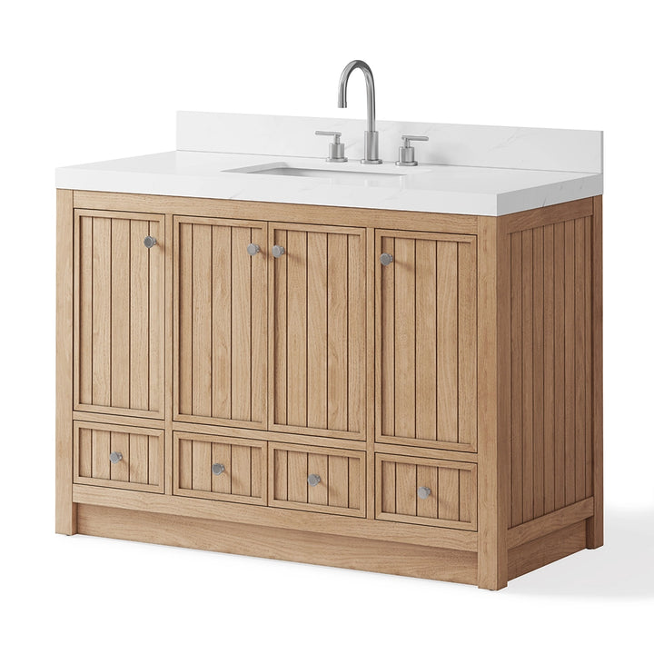 48 inch bathroom freestanding vanity angled view oak finish