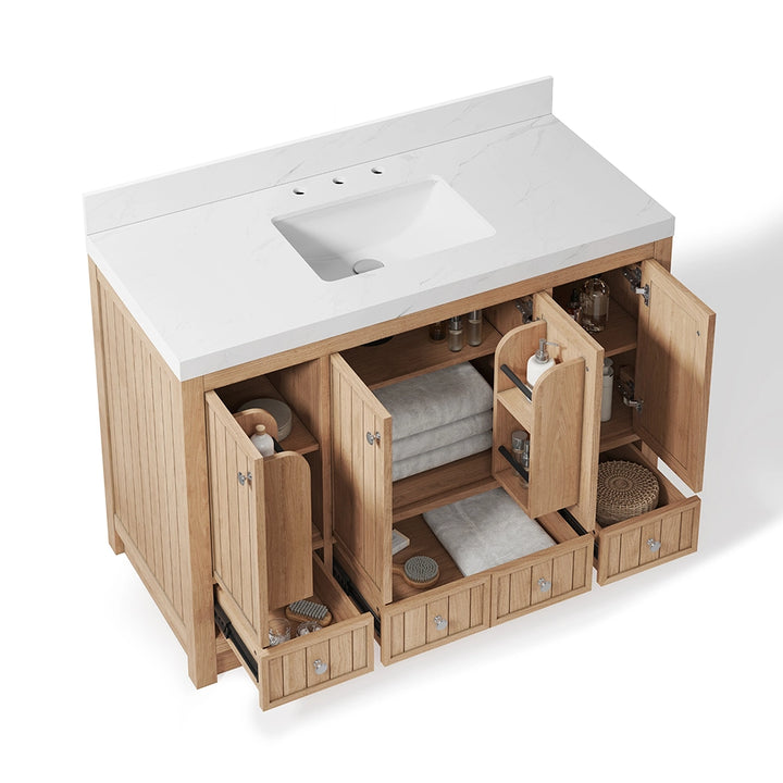 48 inch bathroom freestanding vanity with filled open storage