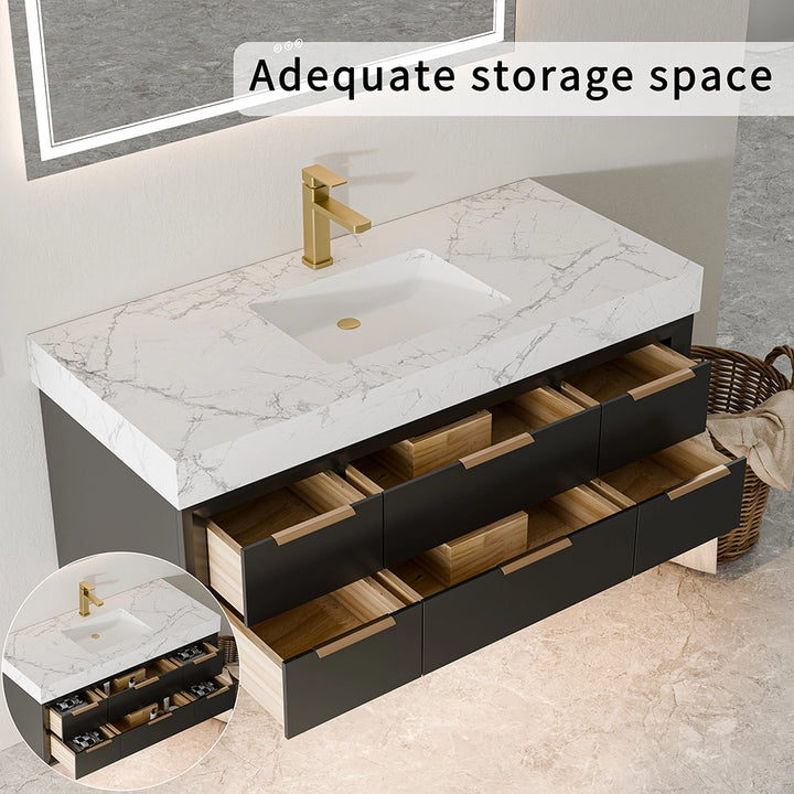 48 inch black floating vanity with ample storage space drawers