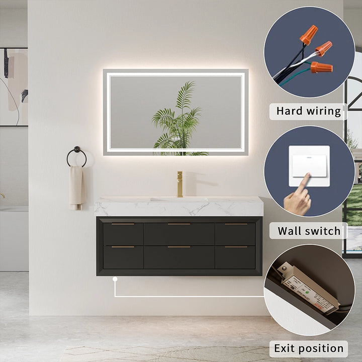 48 inch black floating vanity hard wiring and wall switch connection