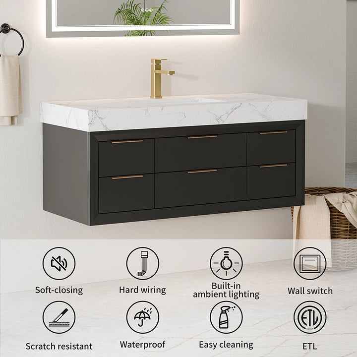 48 inch black floating vanity key features soft close waterproof ETL