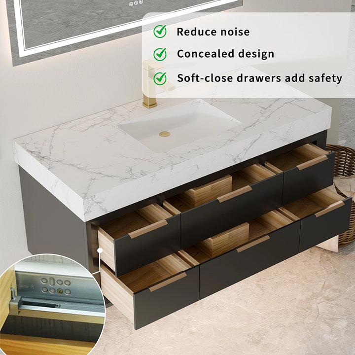 48 inch black floating vanity with soft close concealed drawers