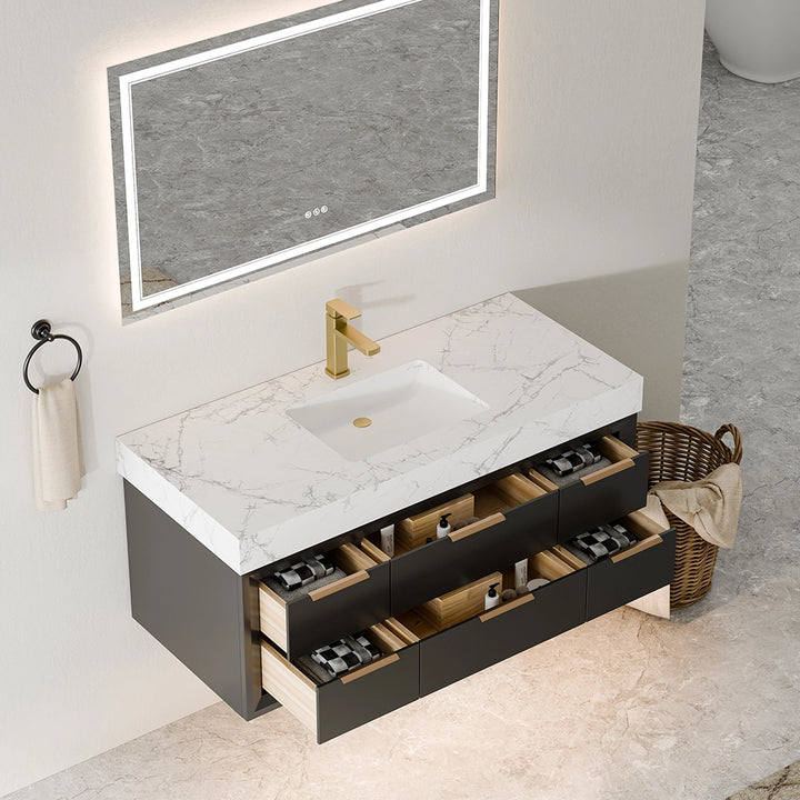 48 inch black floating vanity top view with open drawer storage
