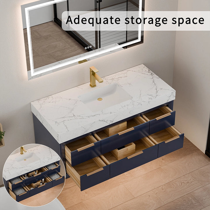 48 inch blue floating vanity with ample storage space drawers