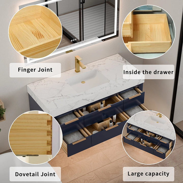 48 inch blue floating vanity drawer details and storage capacity