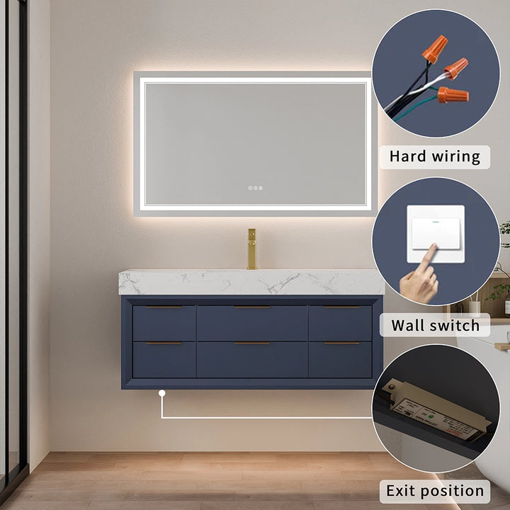 48 inch blue floating vanity hard wiring and wall switch connection