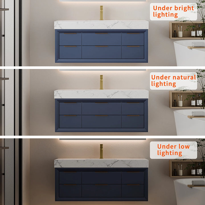 48 inch blue floating vanity under bright natural and low lighting