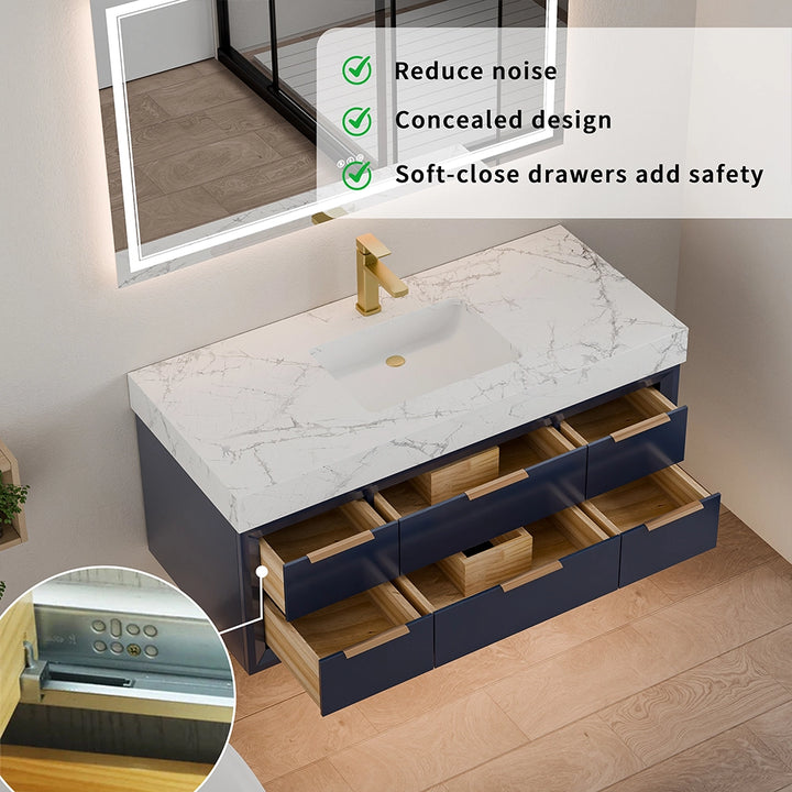 48 inch blue floating vanity with soft close concealed drawers