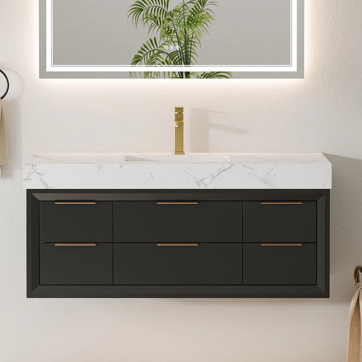 48 inch black solid wood floating vanity with marble countertop