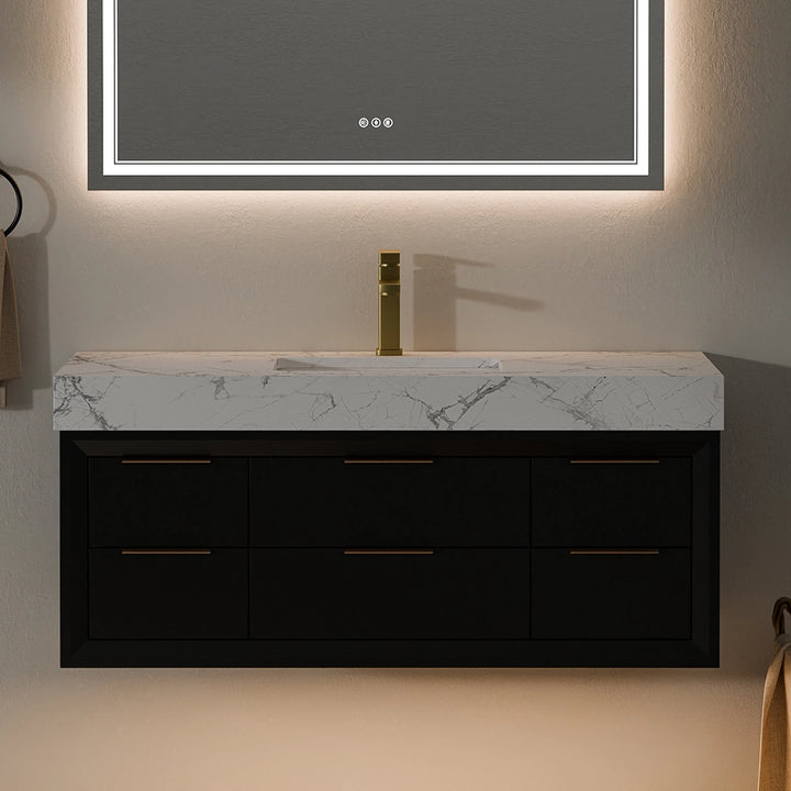 48 inch black solid wood floating vanity with marble countertop