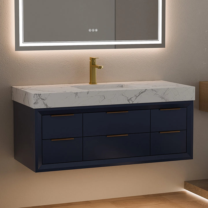48 inch blue solid wood floating vanity with marble countertop
