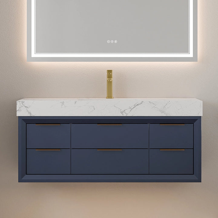 48 inch solid wood floating vanity in blue with marble top