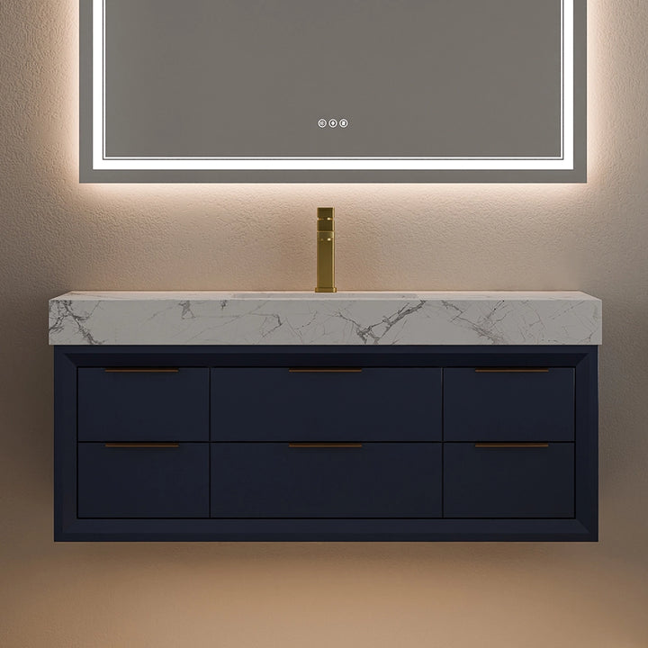 48 inch blue solid wood floating vanity with marble top