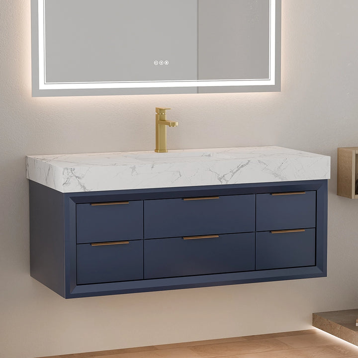 48 inch blue solid wood floating vanity with marble countertop