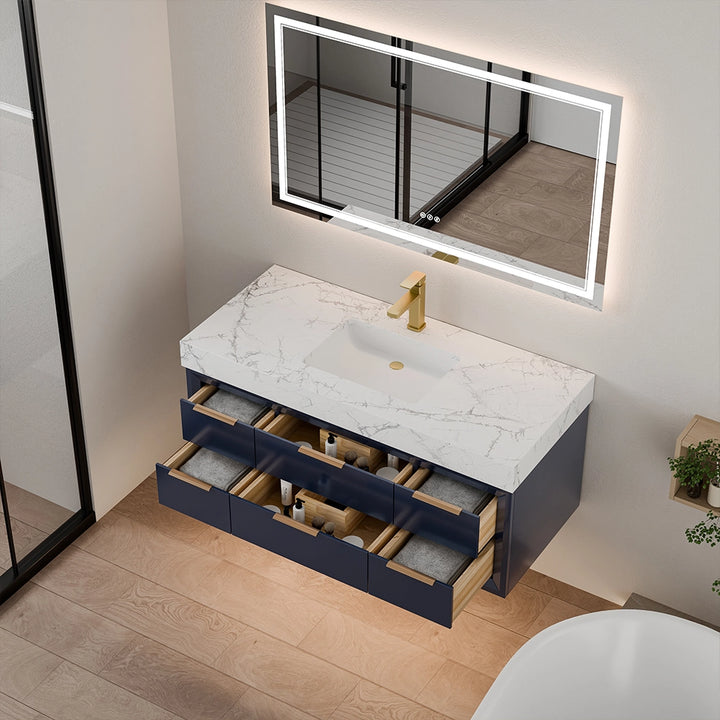 48 inch blue solid wood floating vanity top view with open drawers