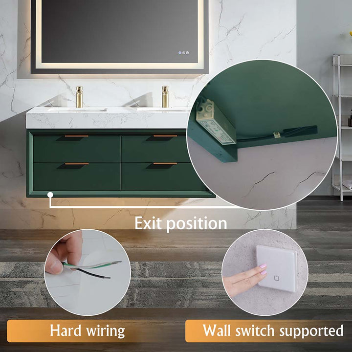 48x21 inch led floating bathroom vanity hard wiring wall switch options