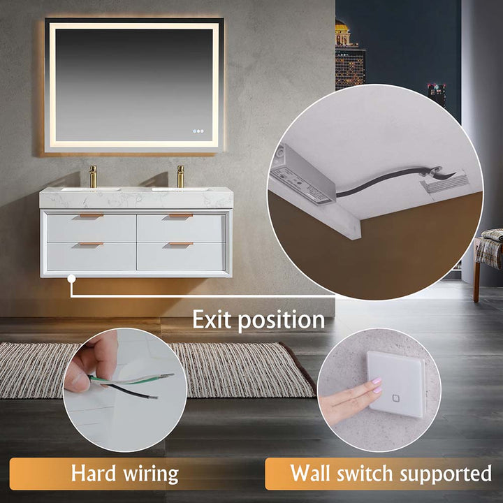 48x21 inch led white floating bathroom vanity hard-wiring wall switch options