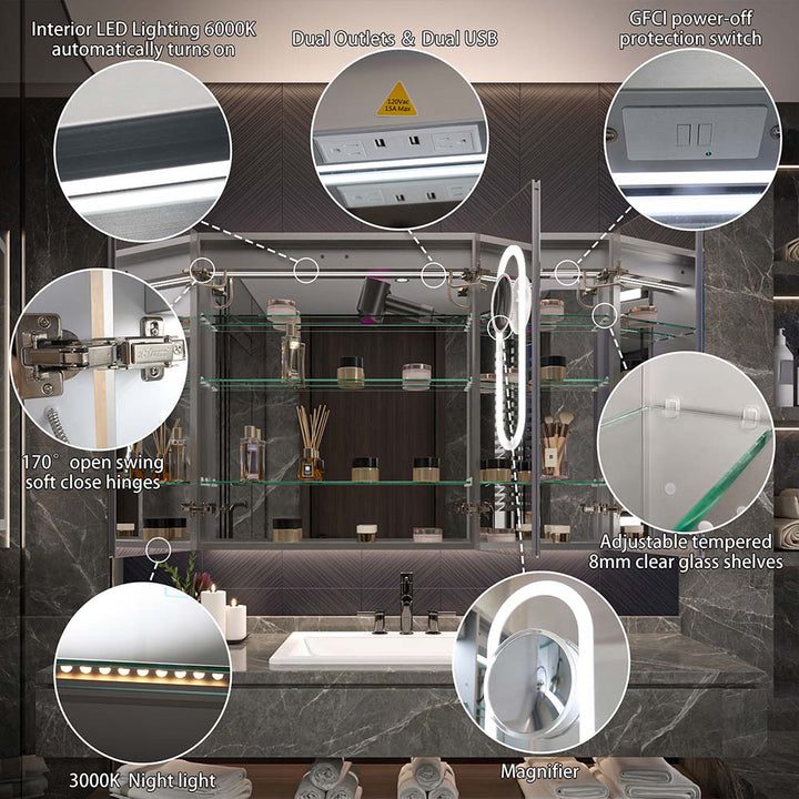 48 x 36 inch medicine cabinet feature callouts