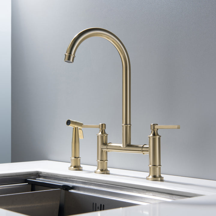Double Handle High-Arc Bridge Kitchen Faucet With Side Spray - Modland