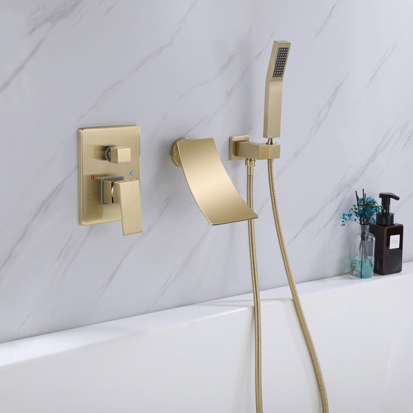 Wall Mounted Pressure Balance Dual Handle Roman Tub Faucet with Hand shower