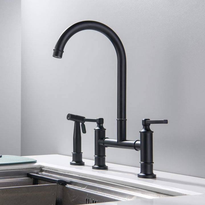 Double Handle High-Arc Bridge Kitchen Faucet With Side Spray - Modland