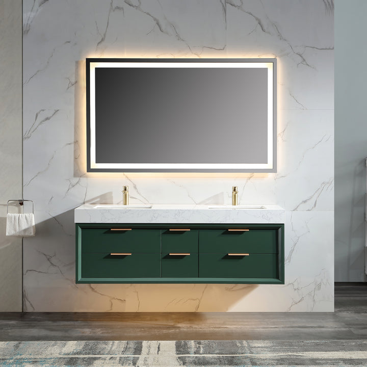 60'' Wall Mounted Double Bathroom Vanity with Engineered Stone Top - Modland