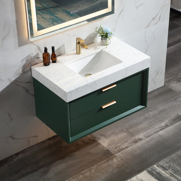 36'' Wall Mounted Single Bathroom Vanity with Engineered Stone Top - Modland